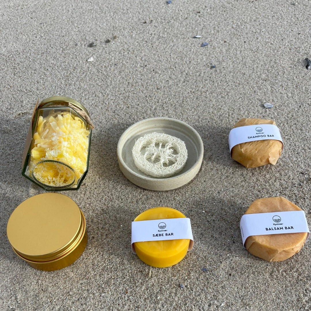 Luksus pakke med havtorn serie samt sæbespåner, rejsebøtte, loofah og sæbeskål